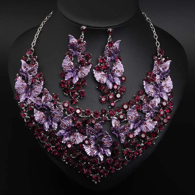 

Exaggeratedly colored diamond-studded butterfly necklace and earrings set for formal evening gown women's accessories