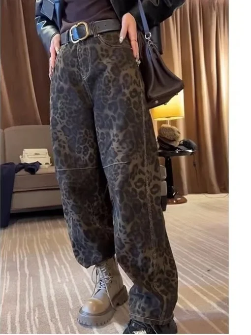 

Retro Leopard Print High Waist Wide Leg Jeans Women's Autumn Winter plus Size Loose Straight Cut Trousers Knife Design