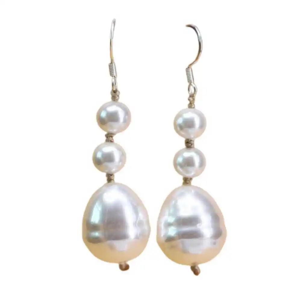 20mm South Sea Baroque White Shell Pearl Dangle Leverback Earrings Lucky Wedding Aquaculture