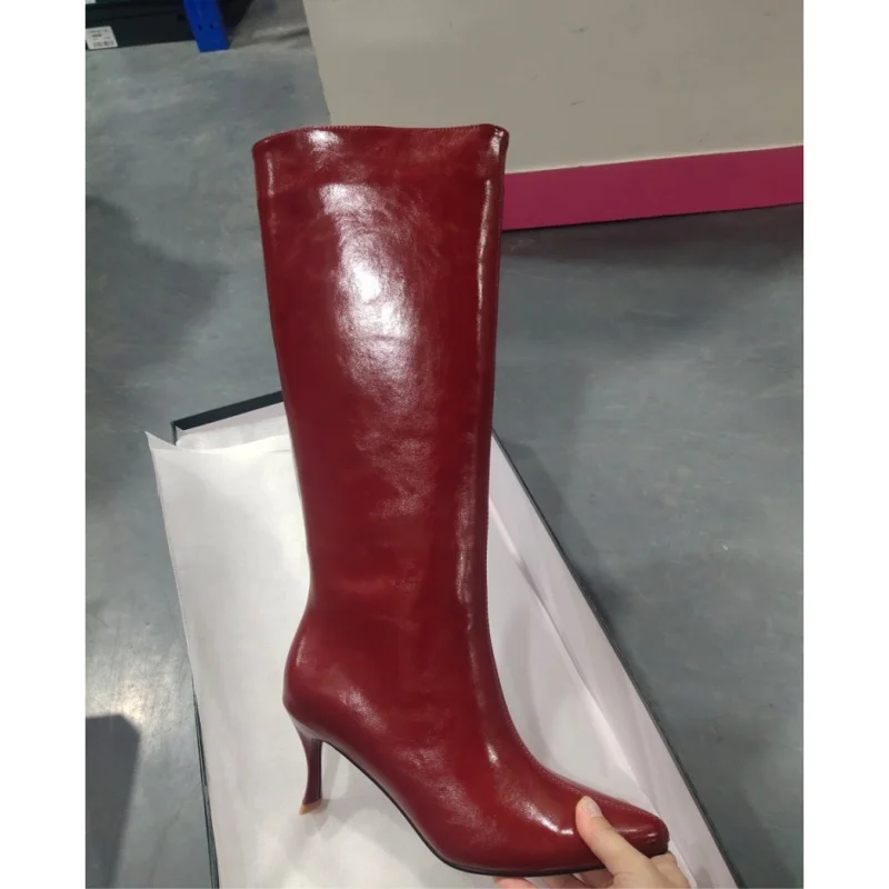 الصلبة ماتي الجلود خنجر حذاء برقبة للركبة المرأة مثير وأشار الانزلاق على أحذية طويلة الشارع نمط العصرية مأدبة الحفلات سيدة الأحذية #3