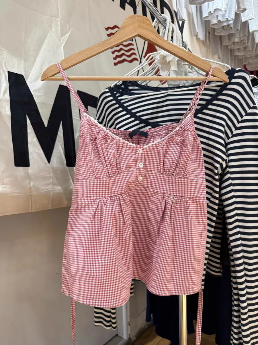 

Винтажный розовый клетчатый топ на шнуровке сзади, женский летний топ на бретельках с кружевной отделкой и тремя пуговицами, v-образный вырез, женский повседневный милый тонкий укороченный топ