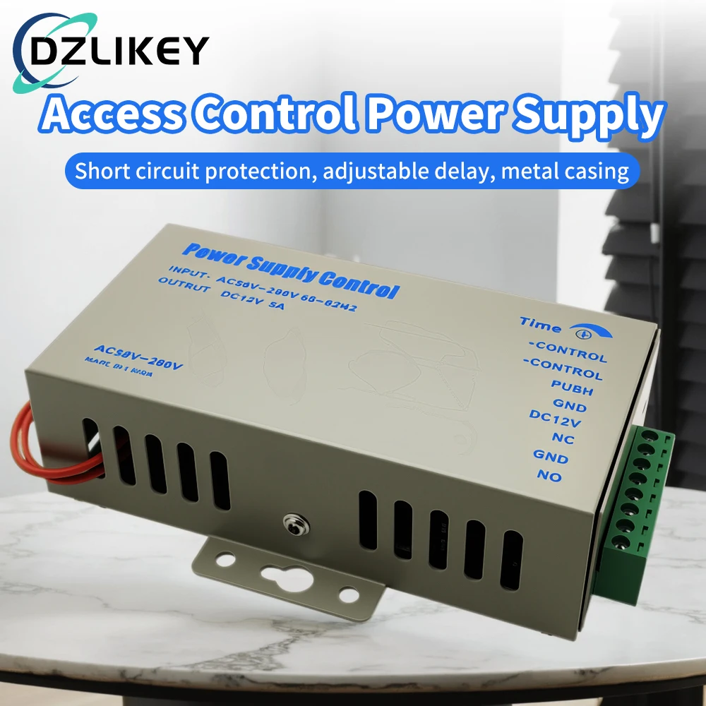 Access Control Power Supply DC12V 5A Small Metal Case with Delay Timer Adjustable, Surface Mount for Building Door Lock System