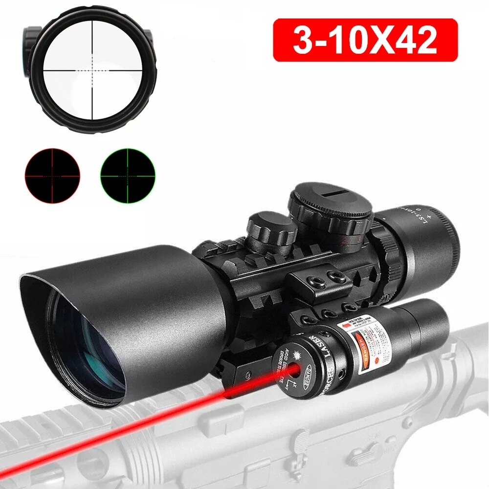 

3-10X42 Red Dot Laser Sight Scope Riflescope Red Green Illuminated Reticles Rifle Scopes Airsoft Hunting Scopes for 20/11mm Rail