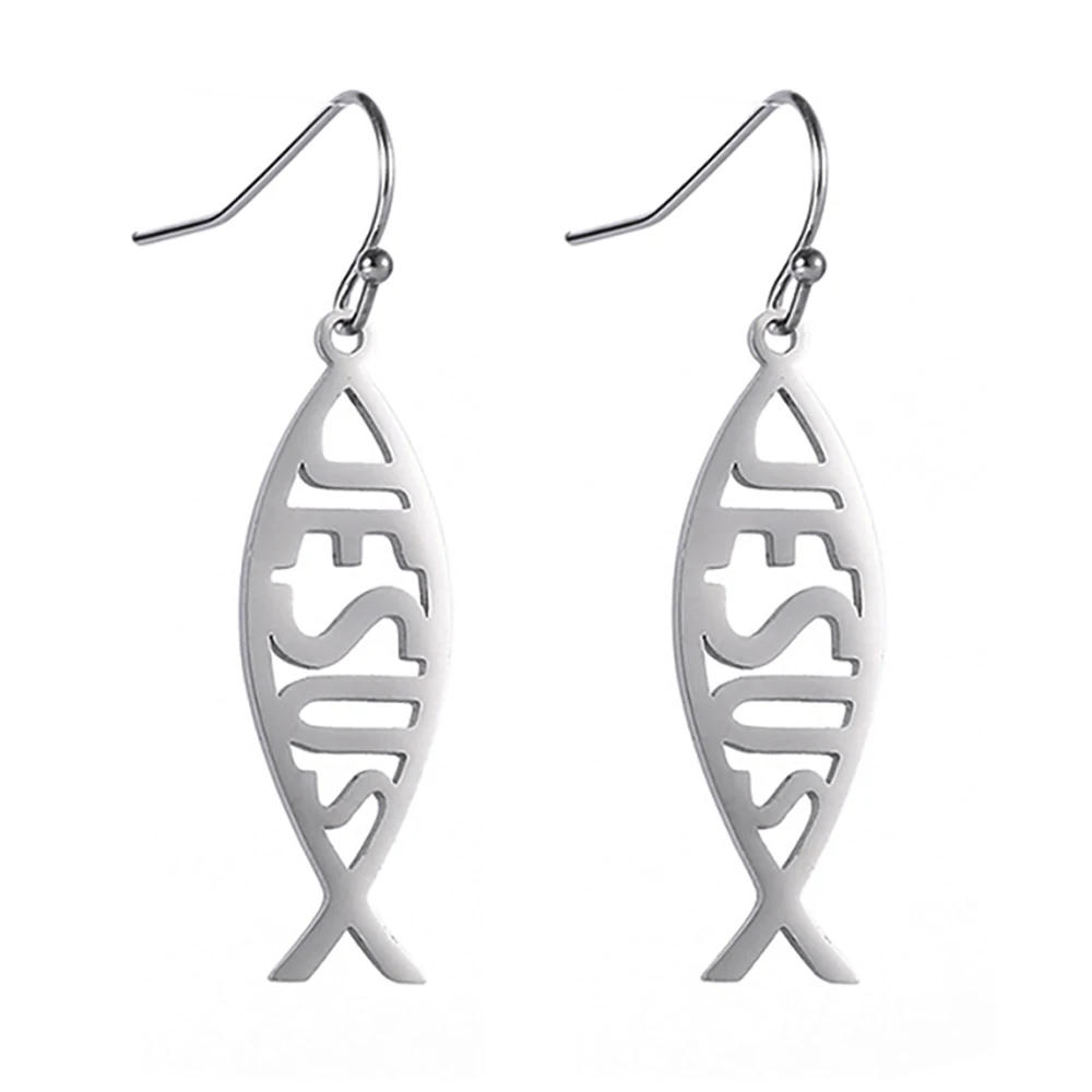 Amaxer Stainless Steel Drop Earrings Jesus Fish Pendants Earrings For Women Silver Color Ichthys Jewelry Party Gifts