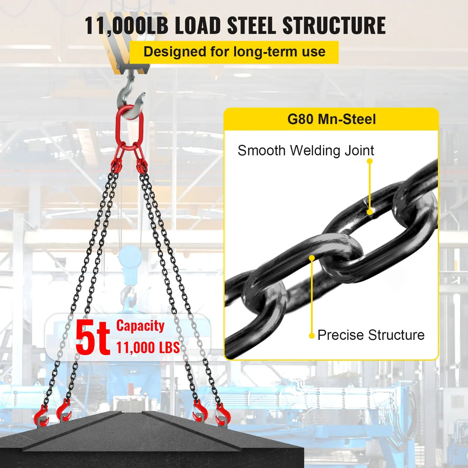 5Ft Chain Sling  5 Ft Engine Lift Chain G80 Alloy Steel Engine Chain Hoist Lifts 3 Ton