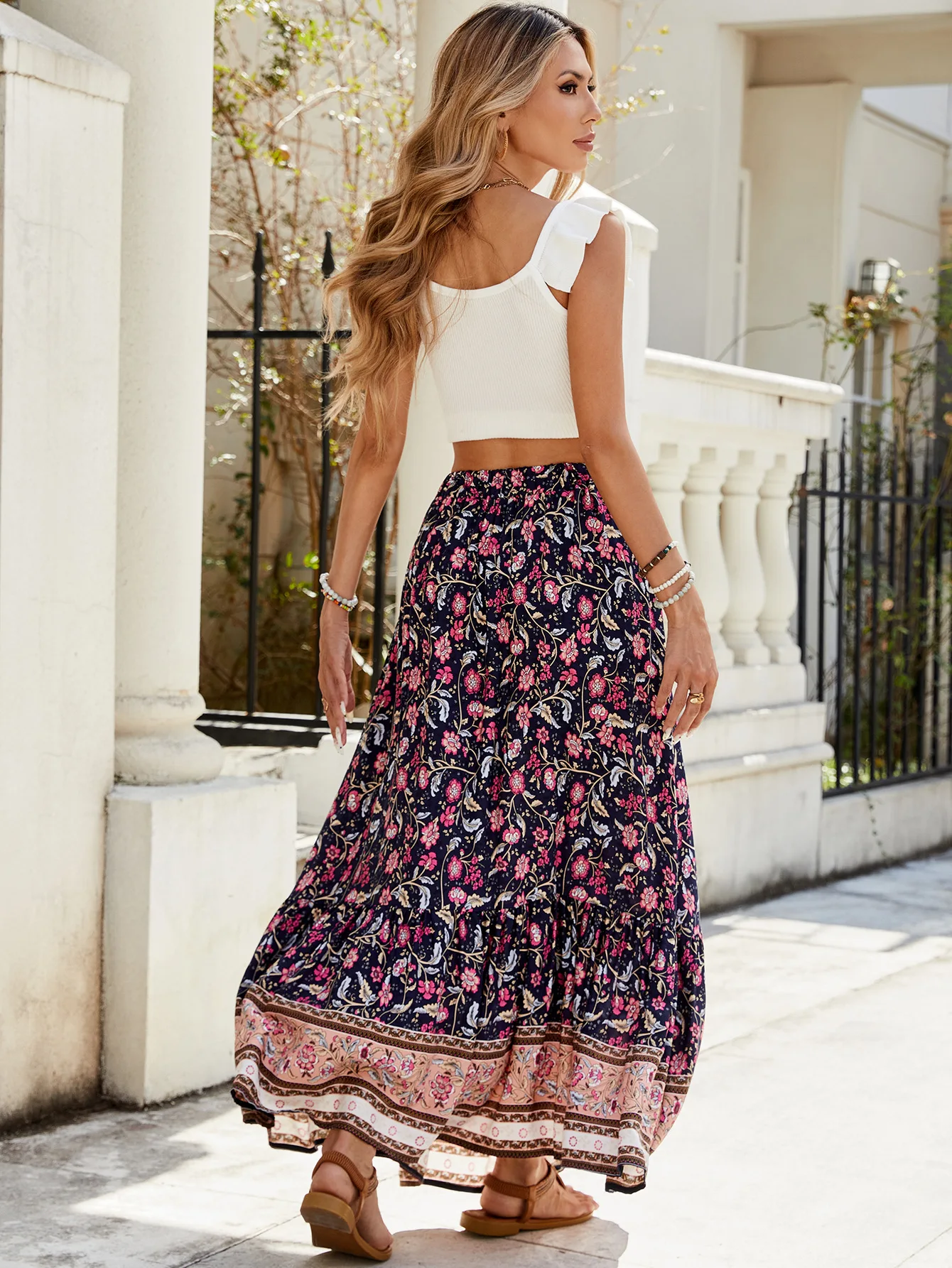 2025 Summer High Waist Rayon Buttoned Slit Skirt, Seaside Holiday Beach Skirt, Women's Bohemian Printed Skirt