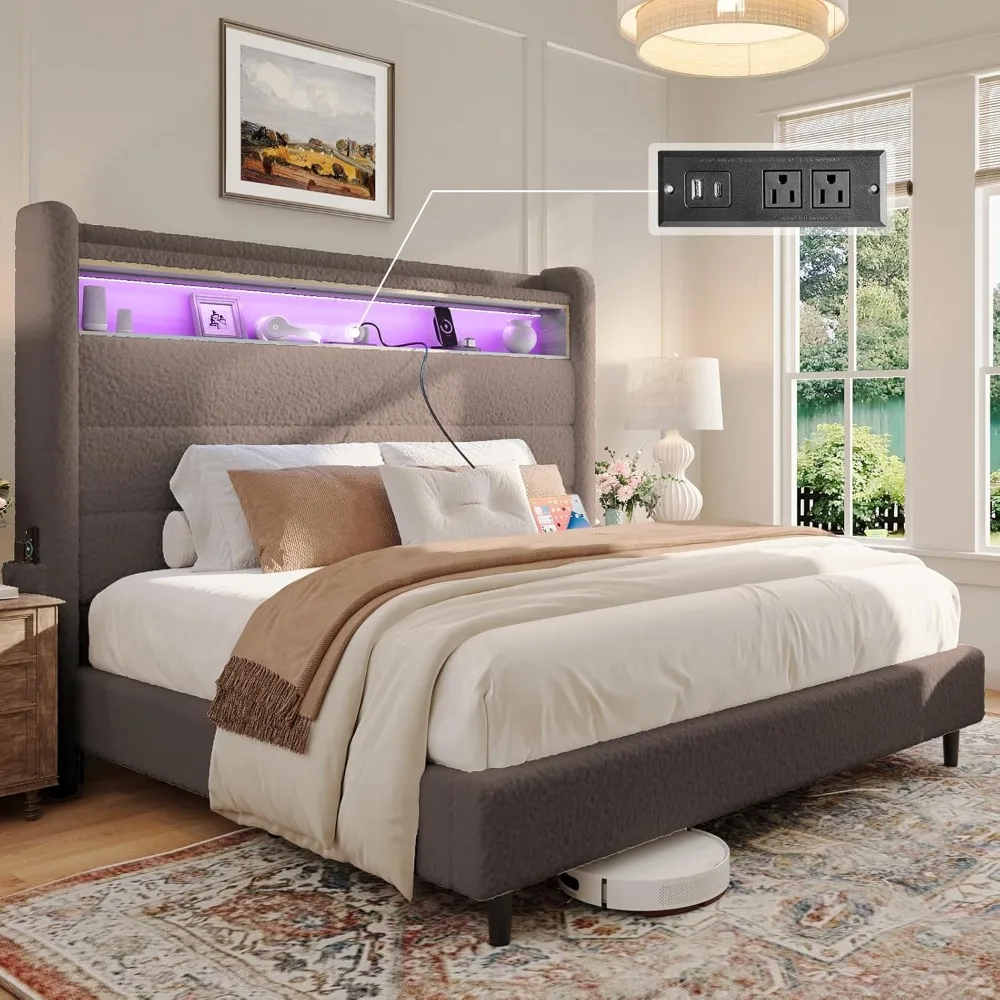 Full Bed Frame with Tall Headboard and LED Lights Charging Station Upholstered Platform Bed Wingback, No Box Spring