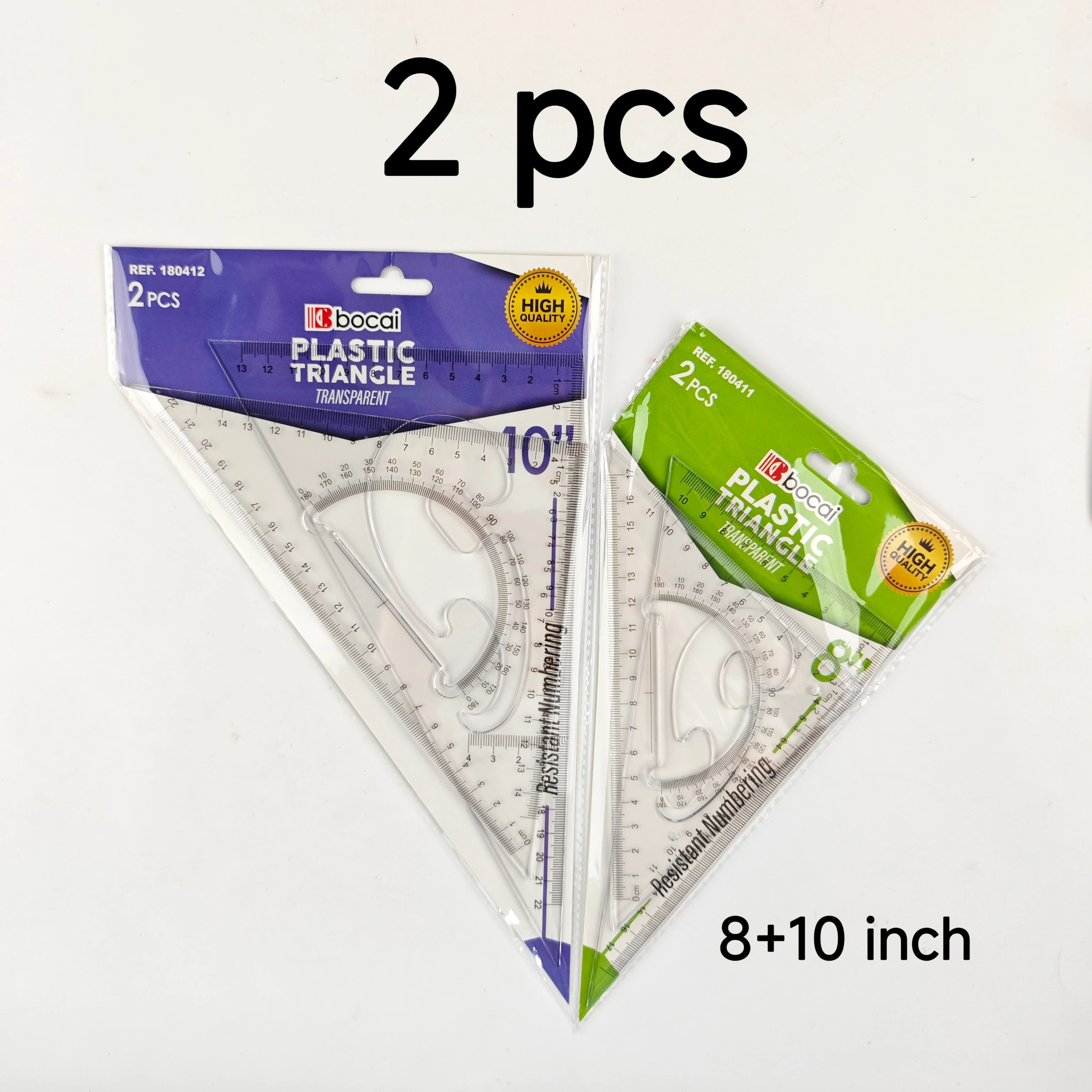 2-delige driehoekige liniaalset, transparante plastic geodriehoek, 6-12 inch, schoolbenodigdheden voor wiskunde en meetkunde.