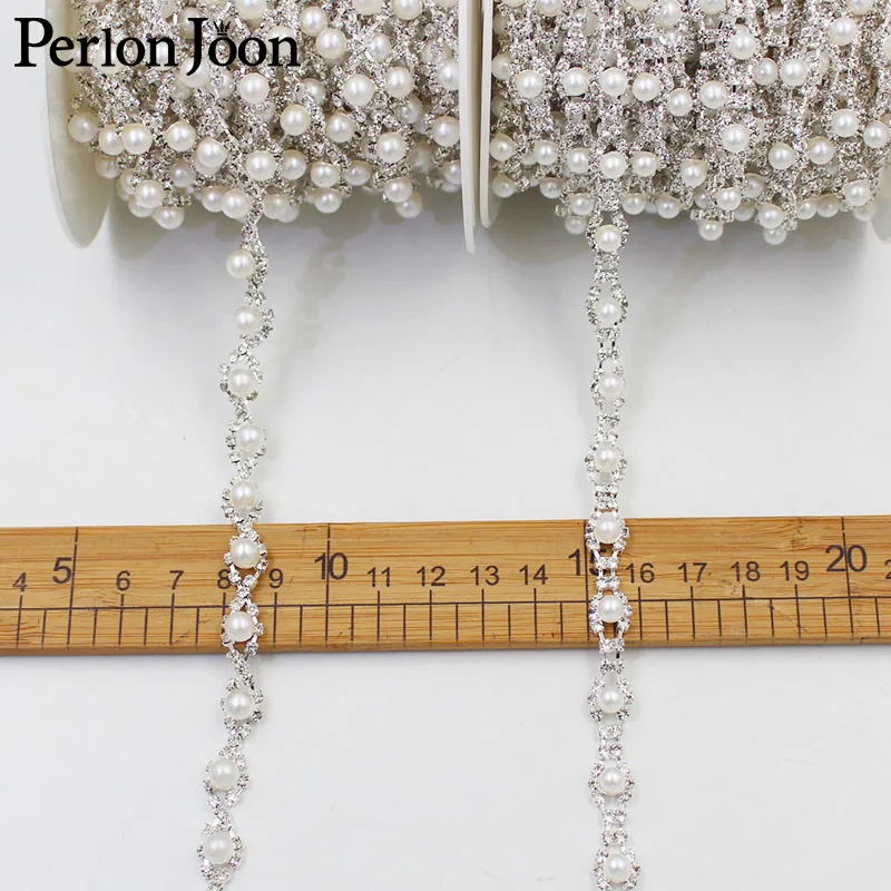 Two styles small pearl crystal Manual  rhinestones trim Ribbon metal chain  for dress, bag, shoes accessories ML006-007