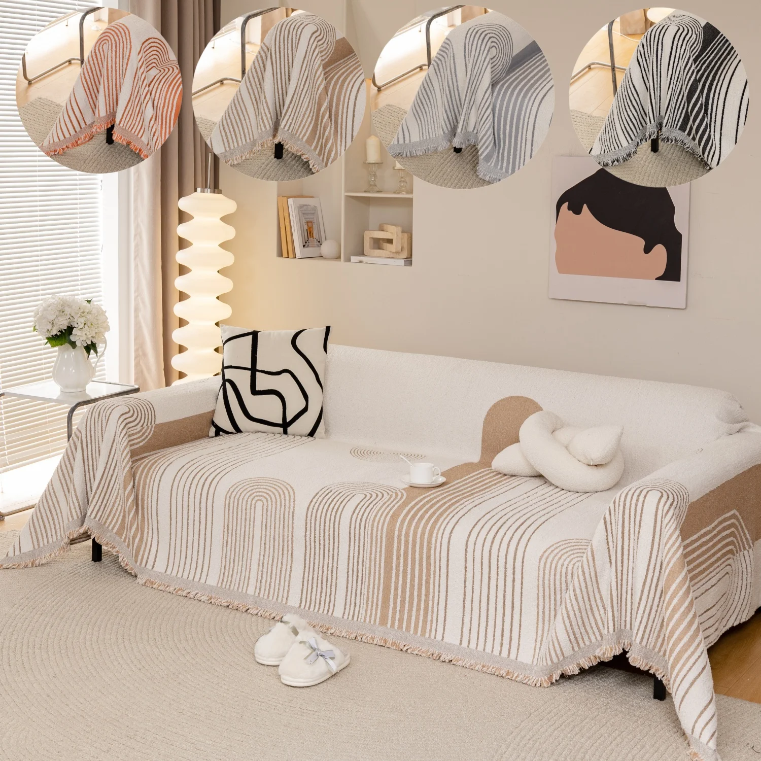 Thicken Creamy Arches Geometric Lines Jacquard Plush Sofa Towel With Tassels, Multi-functional Cozy Blanket for Autumn/Winter