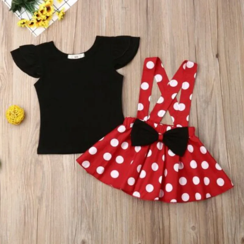 RUEWEY 6 Months to 3 Years Baby Girls Fashion Dress Set Flying Sleeve Round Neck Short Sleeve Top Wide Strap Polka Dot Skirt