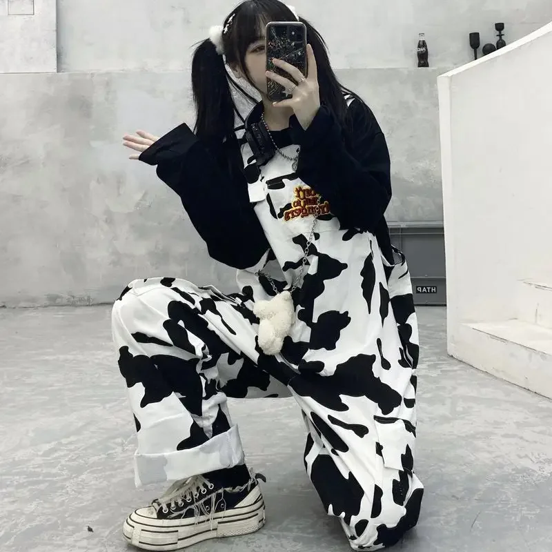 2024 Street Hip-hop Harajuku Girl Cow Print Oneies for Women Black White Plaid Overalls Casual Jumpsuit Trousers Baggy Pants