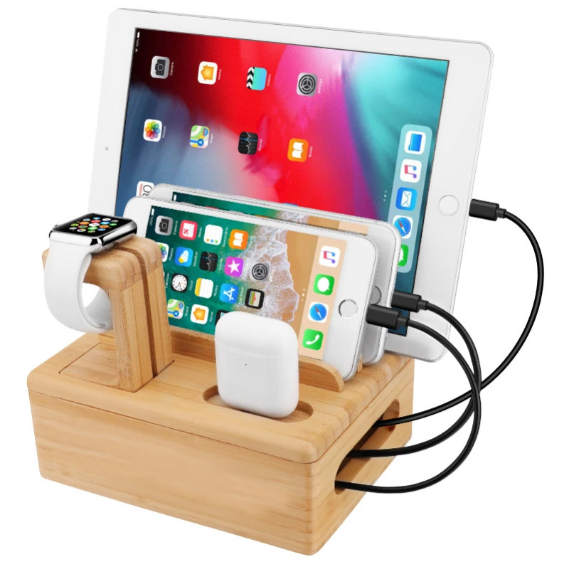 Simple Phone and Tablet Stand, Charging Organizer, Partitioned Large Capacity, Natural Bamboo Smooth Polished, Safe to Touch