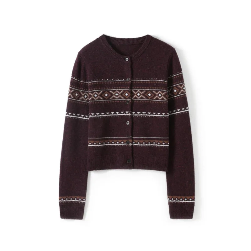 

Винтажный свитер Fair Isle, кардиганы, женские однобортные вязаные топы из 100% шерсти с круглым вырезом