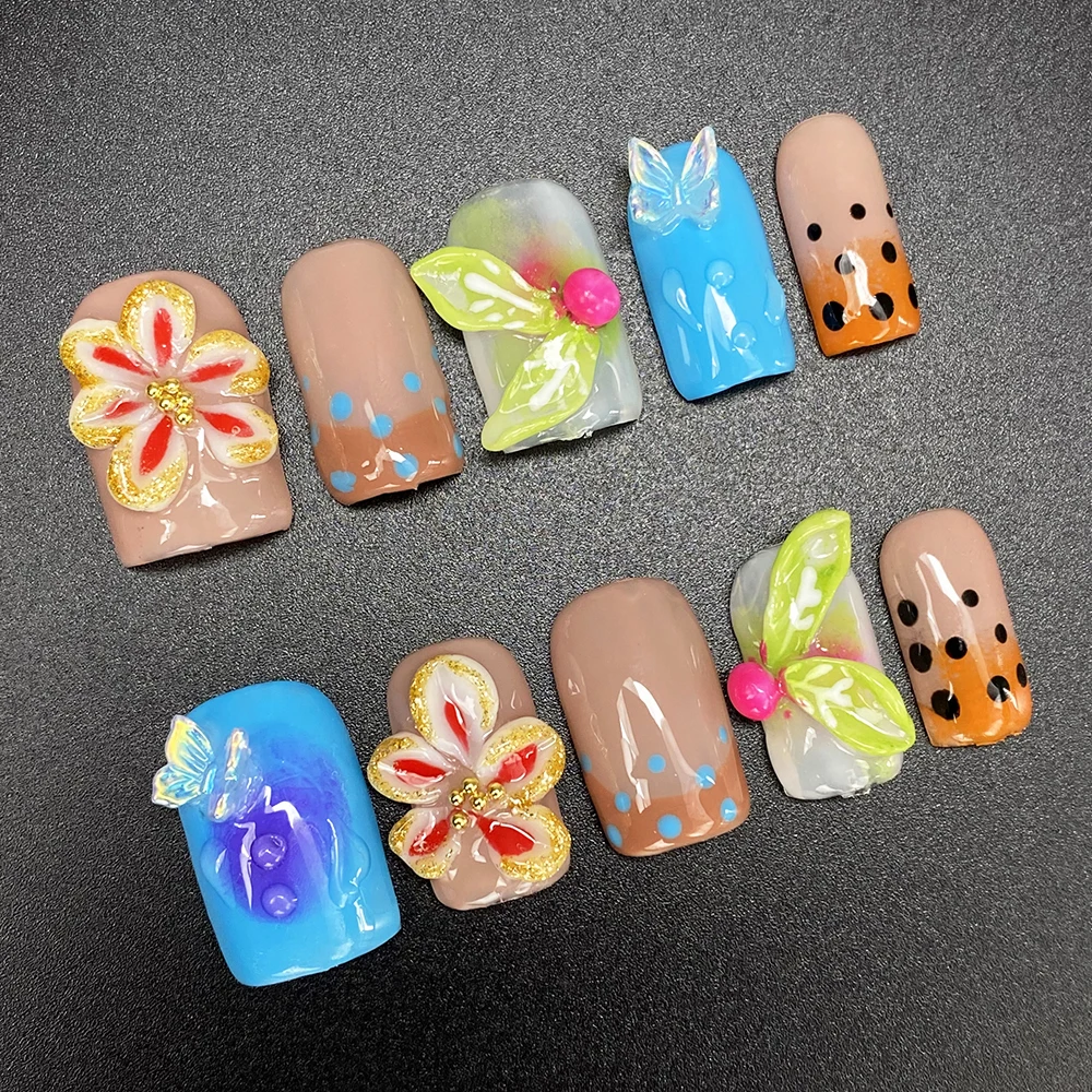 

Gorgeous Pure 10PCS Handmade Reusable Gel Press on Nail Elegant Carved Artificial Fingernails Luxury Colorful False Manicure