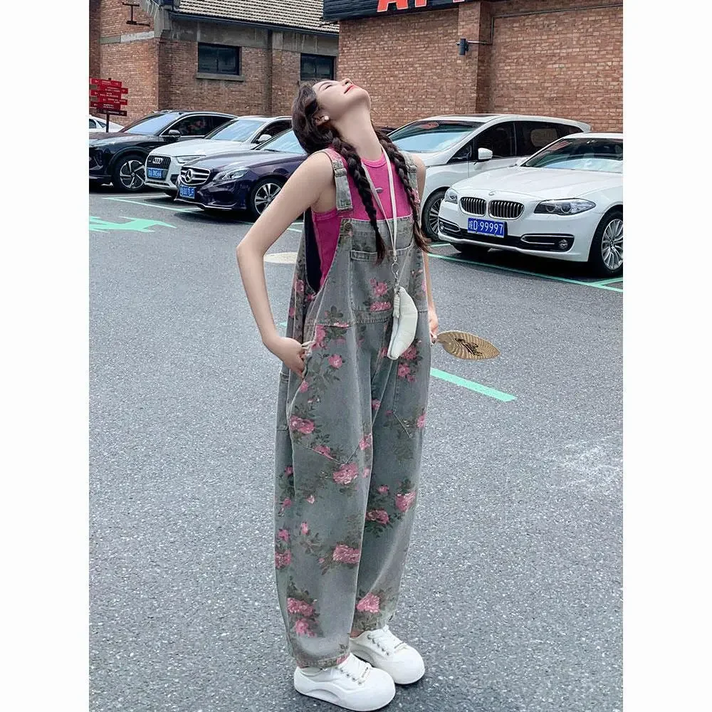Vintage Jumpsuit Spring Summer New Casual Loose Patchwork Denim Rompers Women Baggy Pants Sweatpants Trousers Hip Hop Pants Y2k