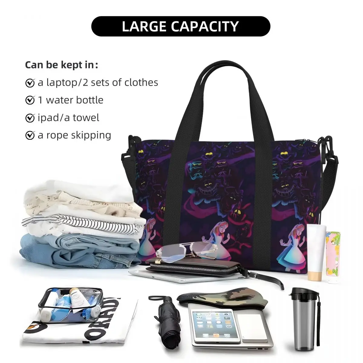 مخصص كبير أليس في بلاد العجائب حمل حقيبة المرأة الرسوم المتحركة المتسوق الكتف رياضة حقيبة سفر الشاطئ #5