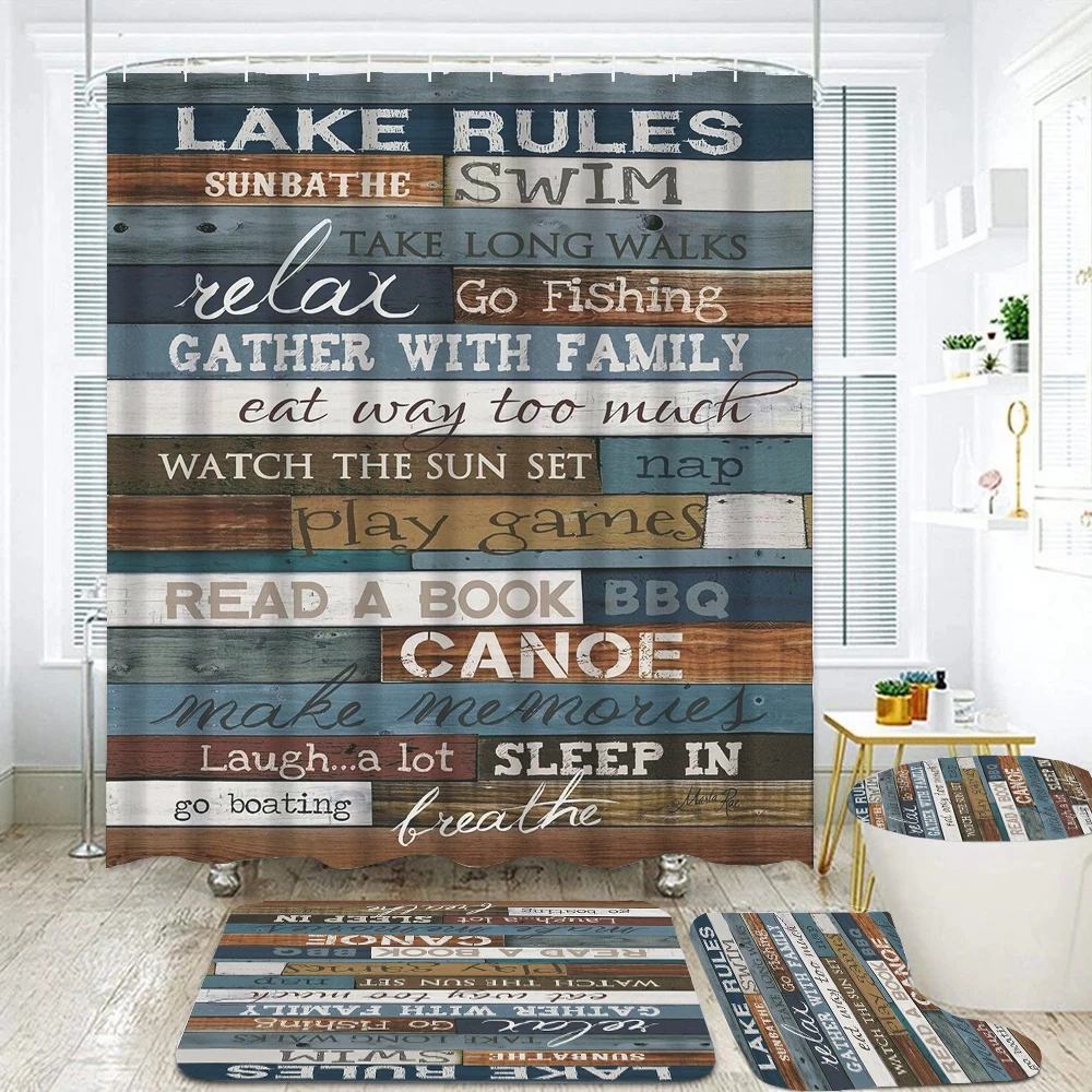 4 Pcs Bathroom Set Vintage Wooden letters Print Waterproof Shower Curtain Bath Screen Non-Slip Rugs Toilet Lid Cover Bath Mat