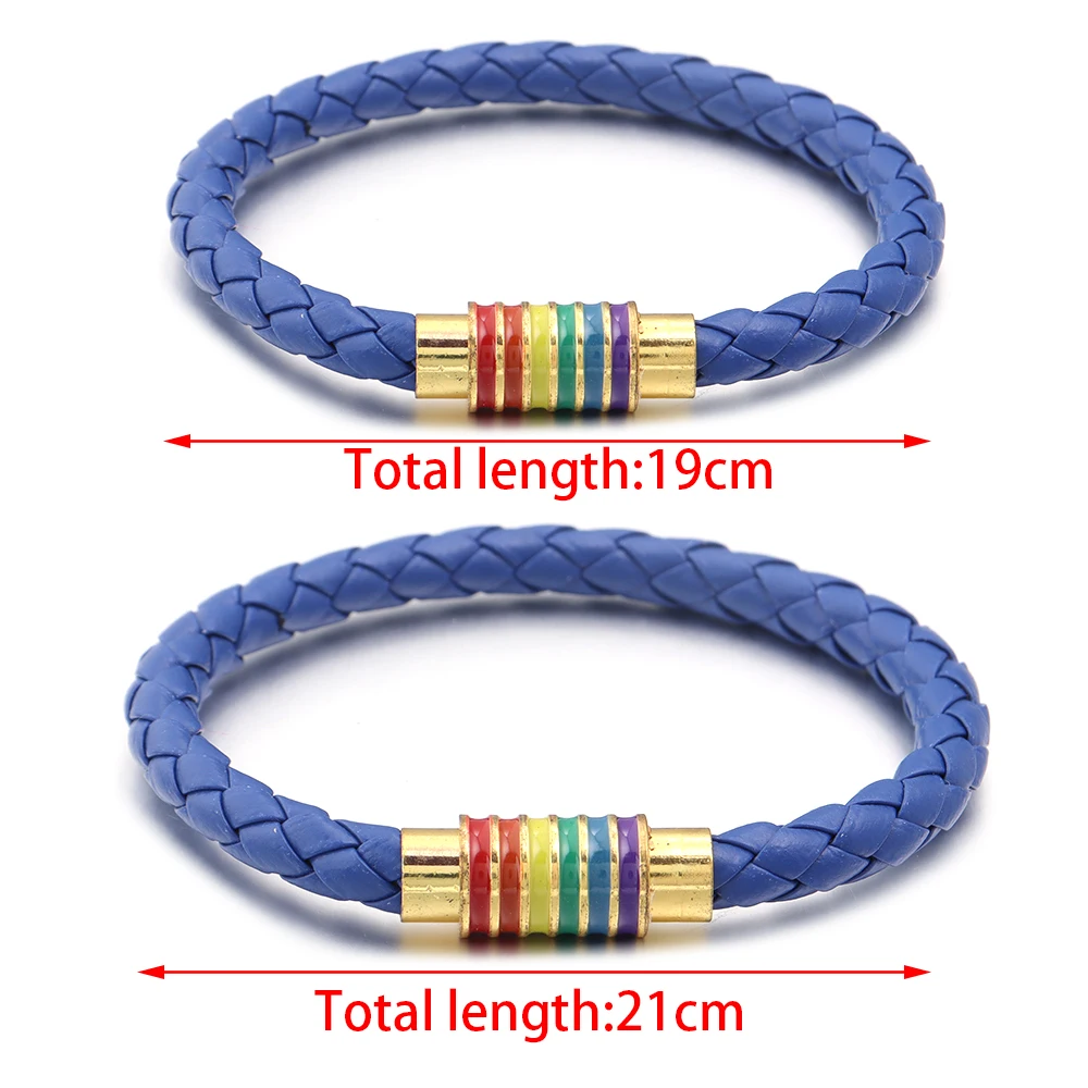 Wide 6mm 19/21cm PU Leather Rope Bracelets Rainbow Color Copper Magnetic Buckle Bangles for Women Men Festival Jewelry Gifts