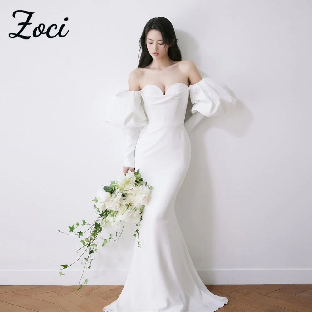 

Zoci Elegant Sweetheart Mermaid Wedding Dresses Off Shoulder Long Sleeves Customized Korea Photos Shoot Bride Receptions Dresses