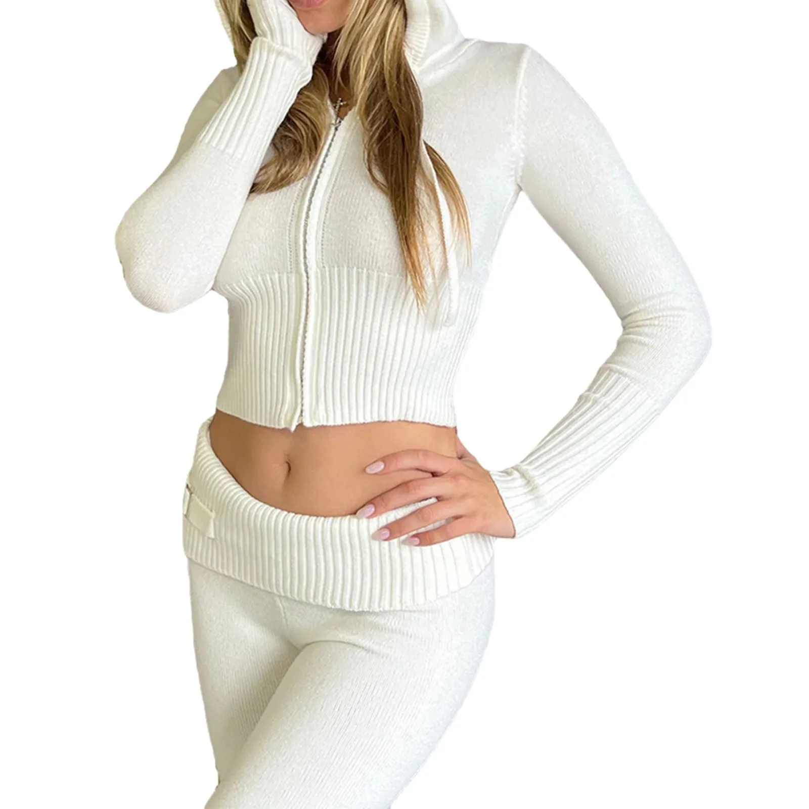 UFO015 Cozy Knit Hooded Yoga Set for Women - High-Waisted Fall/Winter Workout Set, Stylish & Warm Athletic Wear