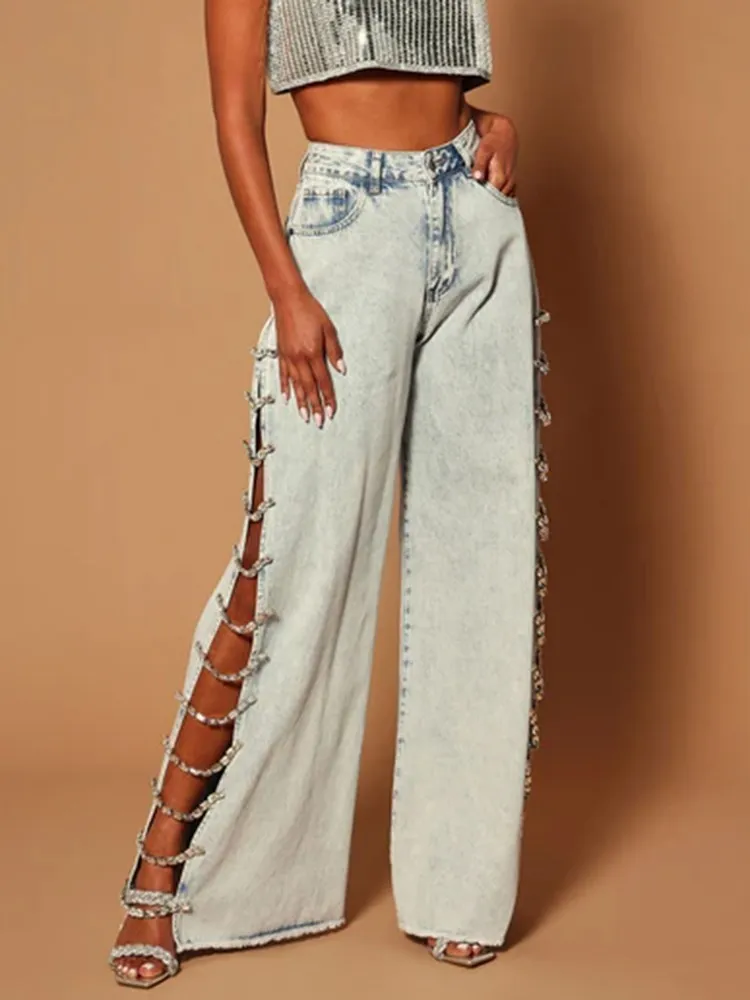 BPN Sexy Hollow Out Wide Leg Jeans For Women High Waist Patchwork Diamonds Solid Casual Loose Denim Pants Female Fashion Style