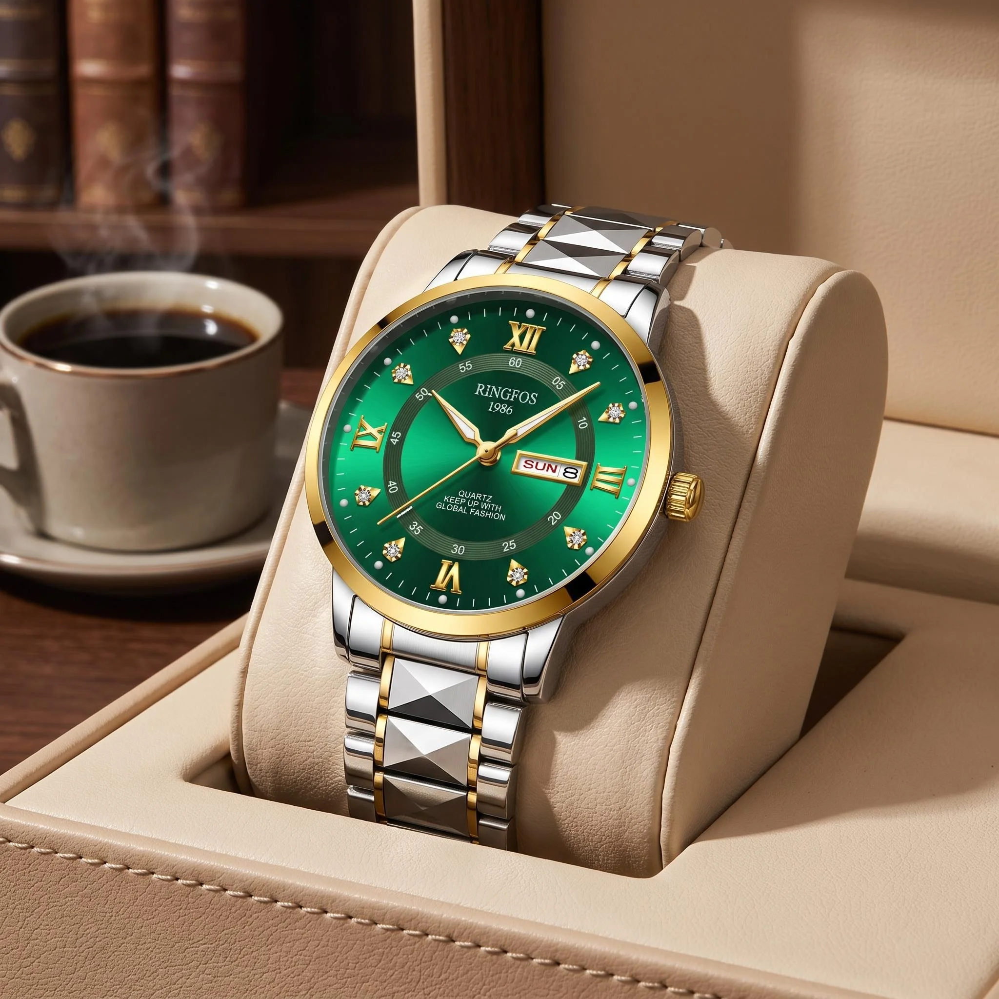 Luxury Watch Green Dial - Men's quartz watch with a two-tone