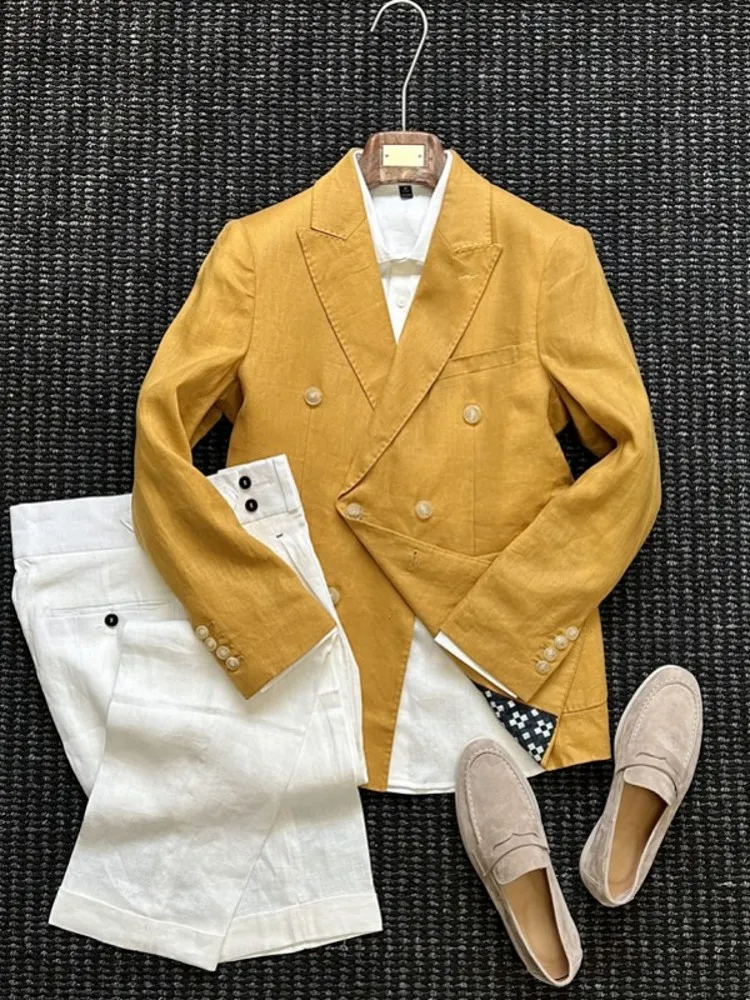 Summer Mens Business Work 100% Linen Blazer Breathable Thin Style Jacket High Quality Office Double Breasted Slim Fit Suit Coat