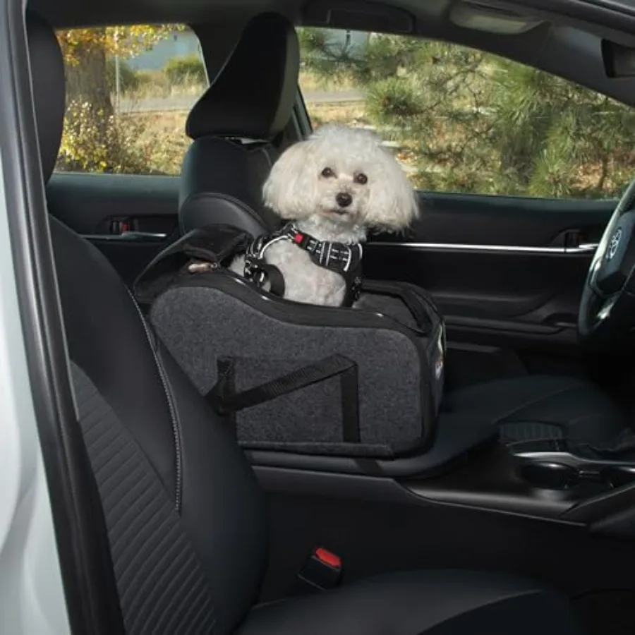 

Center Dog Car Seat for Dogs and Cats Secure Armrest Booster Pet Carrier with Safety Tether Zippered Enclosure 2 Pockets Washab
