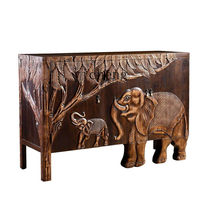 

YY Vintage Solid Wood Embossed Elephant Entrance Cabinet New Chinese Style Locker Decoration