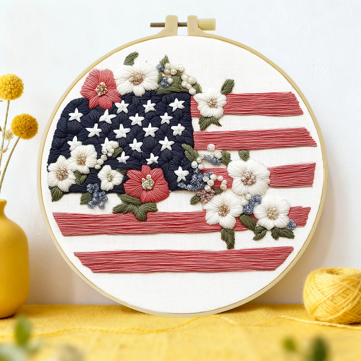 1pc 20X20CM/15X15CM 7.87/6.3inch National Flag and Flowers Embroidery Starter Kit DIY Kit DIY Embroidery Kit Manualidades