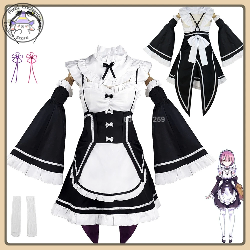 

Popular Anime Re:Zero Rem Cosplay Outfit Adorable Lolita Maid Uniform with Headband + Apron for Halloween and Anime Exhibition