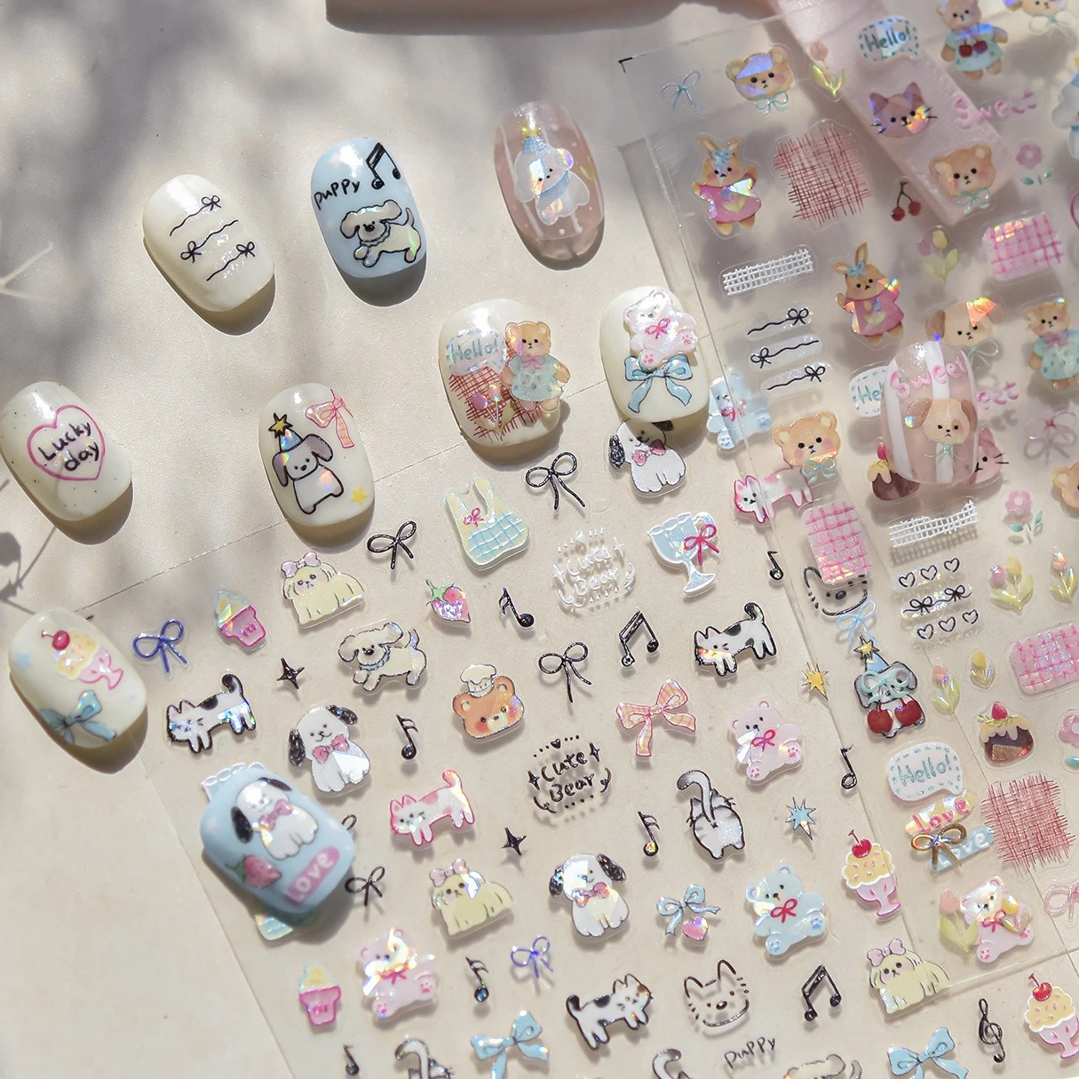 Schöne Tiere Katze Hund Bär Party Welpe Kätzchen Kuchen Schleife Blume Liebe Herz Spitze Gürtel selbstklebende Nail Art Aufkleber Maniküre Aufkleber