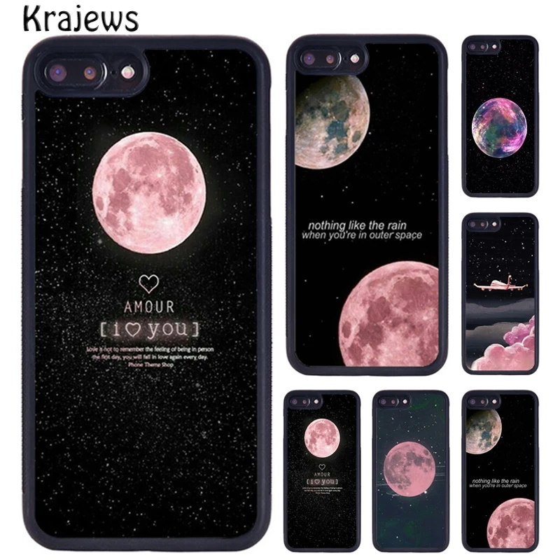 Krajews Pink Plain Vintage Luna Outer Space Phone Case For iPhone 16 15 14 XR XS 11 12 mini 13 Pro MAX Plus coque