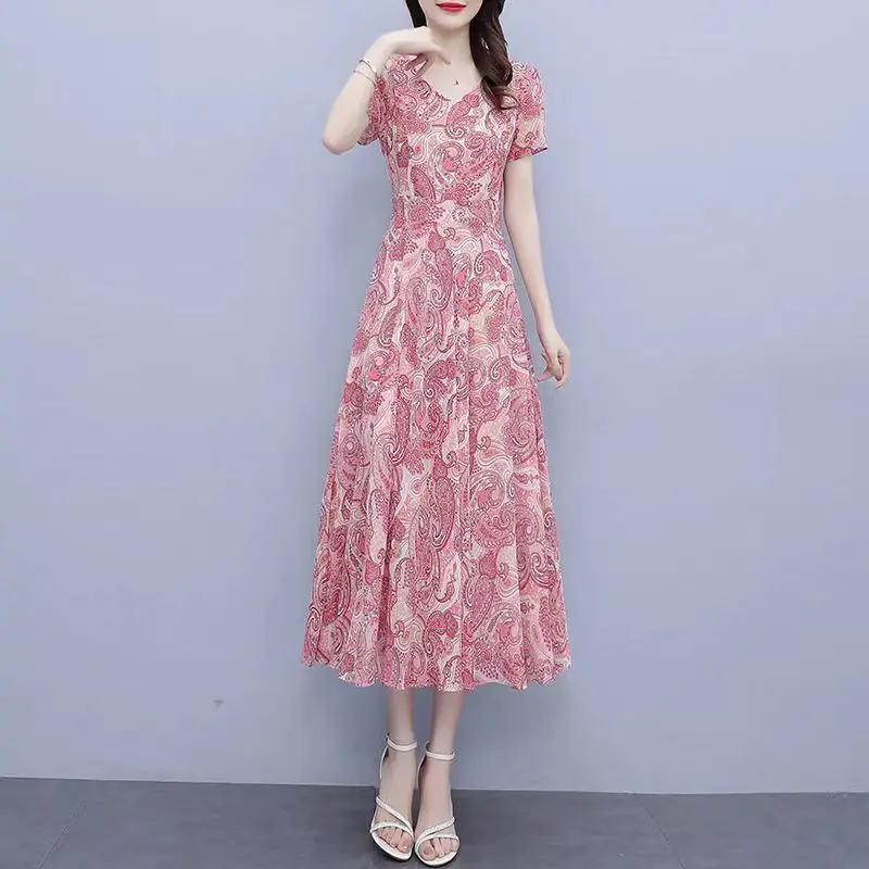 2023 New Summer Fashion Trend Commuting Simple and Elegant V-neck Printed Waist Covering Belly Temperament Women's Long Dress