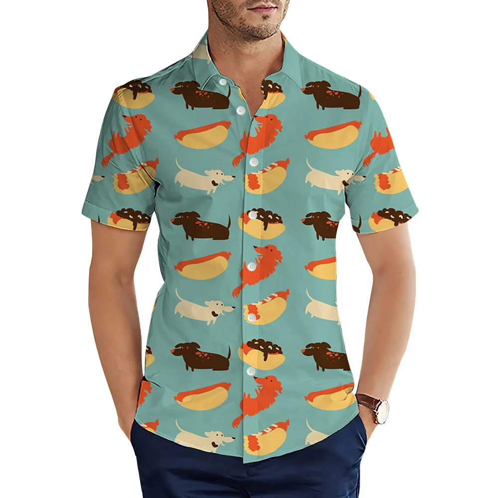 HX Mode Herrenhemden Cartoon Tiere Möpse Bunte Kunst 3D-gedrucktes Hemd Sommer Freizeithemden Mann Kleidung Camisas