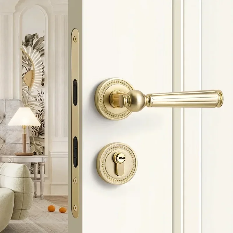 

New 2026 Light Luxury French Split Magnetic Suction Silent Bedroom Room Simple Wooden Door Lock Bright Gold Home Door Handle