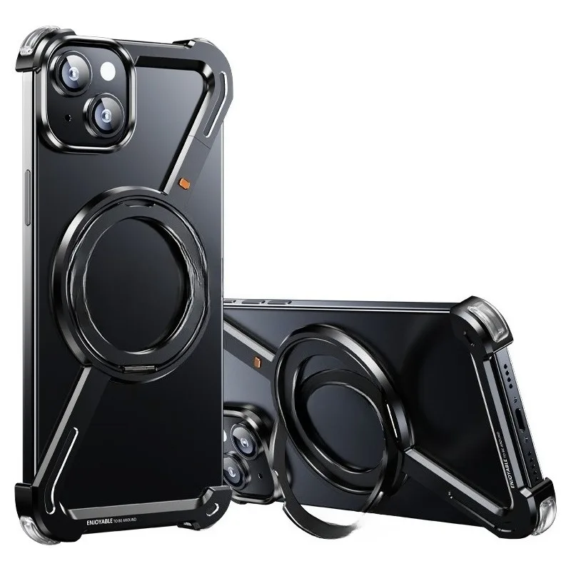 

Metal frame mobile phone case with magnetic bracket, suitable for 15promax.