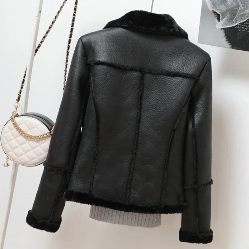 2023 New Women High-End Fur Integrated PU Leather Coat Winter Female Temperament Casual Warm Leather Outwear Motorcycle Jacket