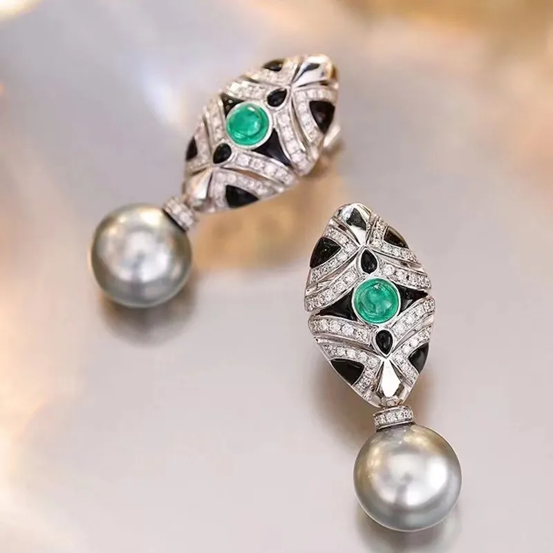 

Exquisite Black Pearl Diamonds Drop Earrings for Women sterling silver 925 Ladies' Vintage Fine Jewelry Evening Party Accessory