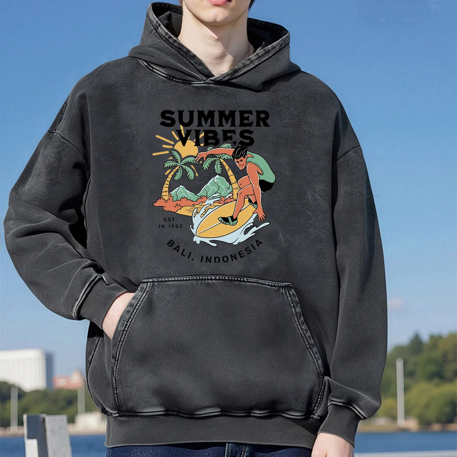 

Пляжная толстовка с капюшоном в стиле ретро, унисекс, повседневная, спортивная, из чистого хлопка, уличный стиль, 400 г