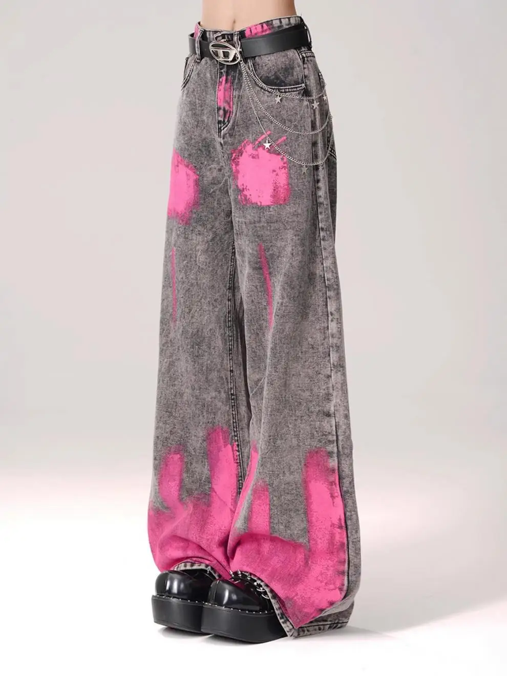 new spring autumn cotton female women girls high street Graffiti wide leg jeans