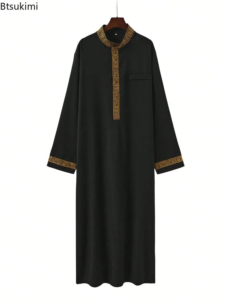 

New 2026 Traditional Men Clothing Muslim Fashion Abayas Long Sleeve Stand Collar Embroidered Long Robe Saudi Arabic Kaftan Thobe