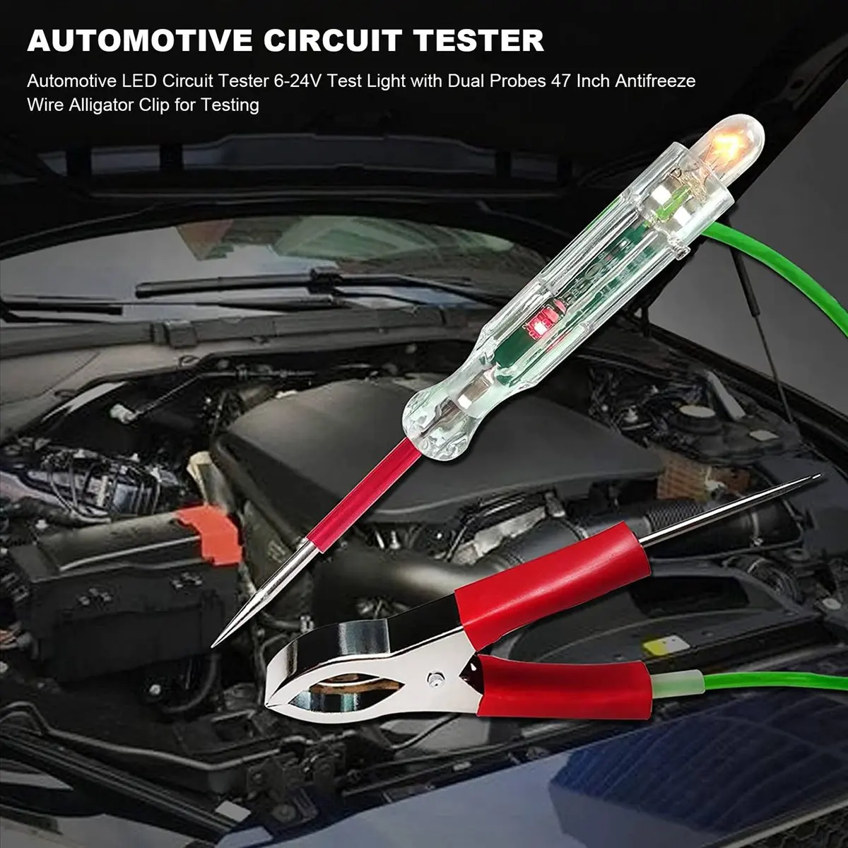 Budget-Friendly Automotive LED Circuit Tester 6-24V Test Light with Dual Probes 47 Inch Antifreeze Wire Alligator Clip for Testi