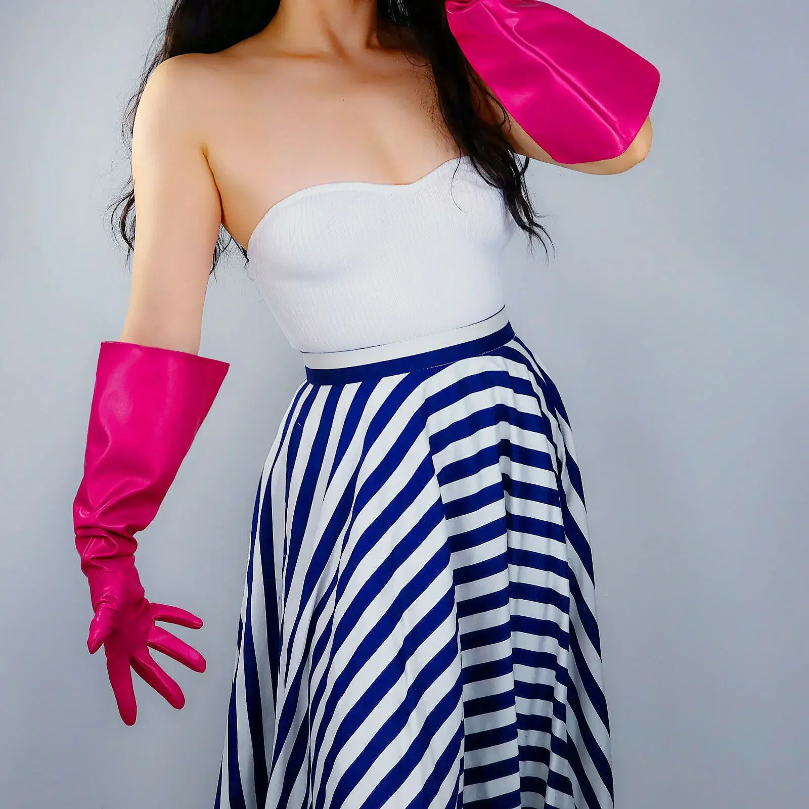 Sarung Tangan Panjang Warna Pink Mawar Fuchsia, Lengan Mengembang Ukuran Besar 50cm di Atas Siku, Bahan Kulit Imitasi, Kostum Halloween, Pesta Malam