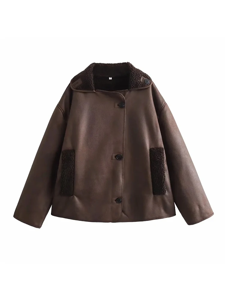 

Женская новая куртка из кожи и меха, однобортная женская верхняя одежда с цветными блоками, модная повседневная свободная посадка