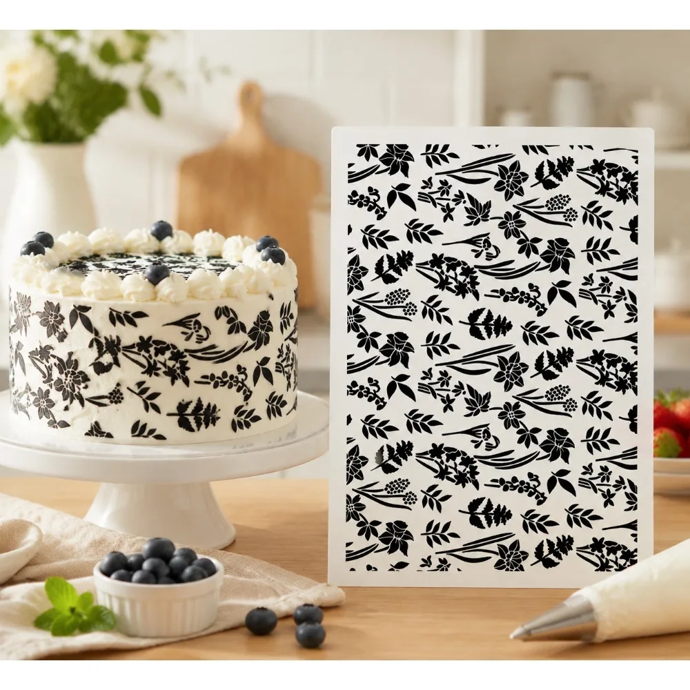 Floral Leaf Cake Spray Stencil, Hollow PET Flower Foliage Template for Cream Sprinkling, Cake Cookie Fondant Baking Decoration