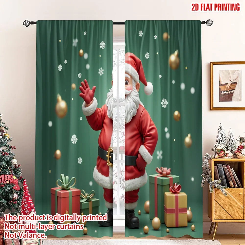 

2pcs 2D flat printing Merry Christmas Curtain Santa Claus Gifts Snowflakes Merry Fabric Without Electricity Festive Holiday Use