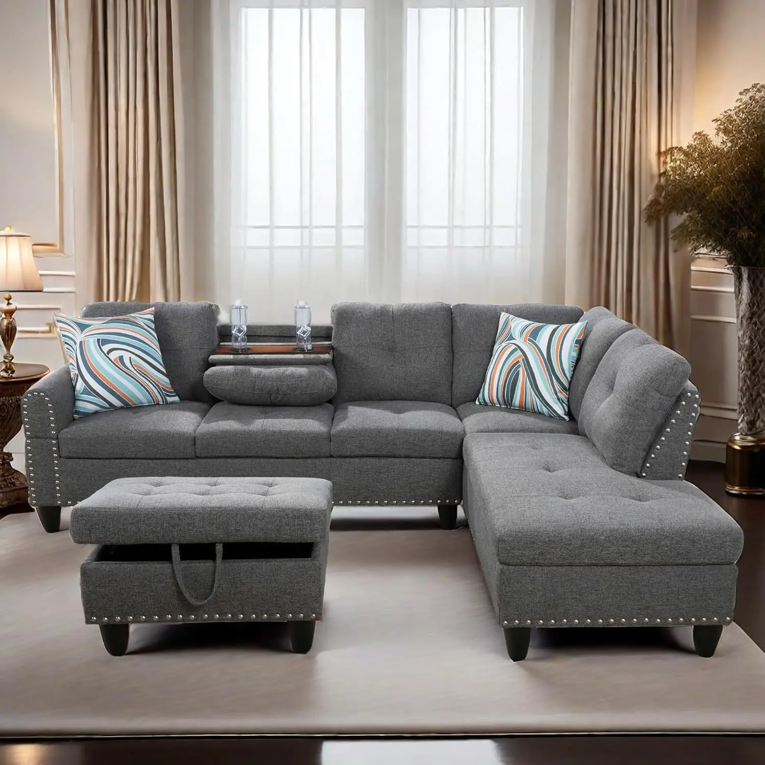 L Shaped Sectional Couch with Storage Ottoman, Modern Nailhead Comfy Lounge Sofa with Reversible Cup Holder & Chaise, 97