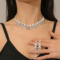 FYUAN New Style Geometric Rhinestone Necklace Earrings For Women Pearl Necklace Wedding Bride Jewelry Sets Accessories